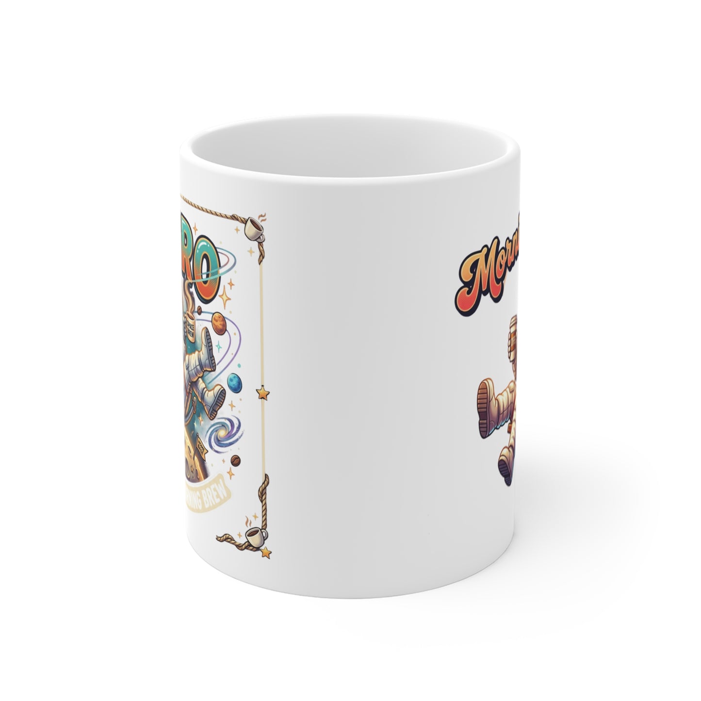 11oz Coffee Mug — Cute Pouring Cup Character in Purple (Whimsical Kawaii Drink Design)