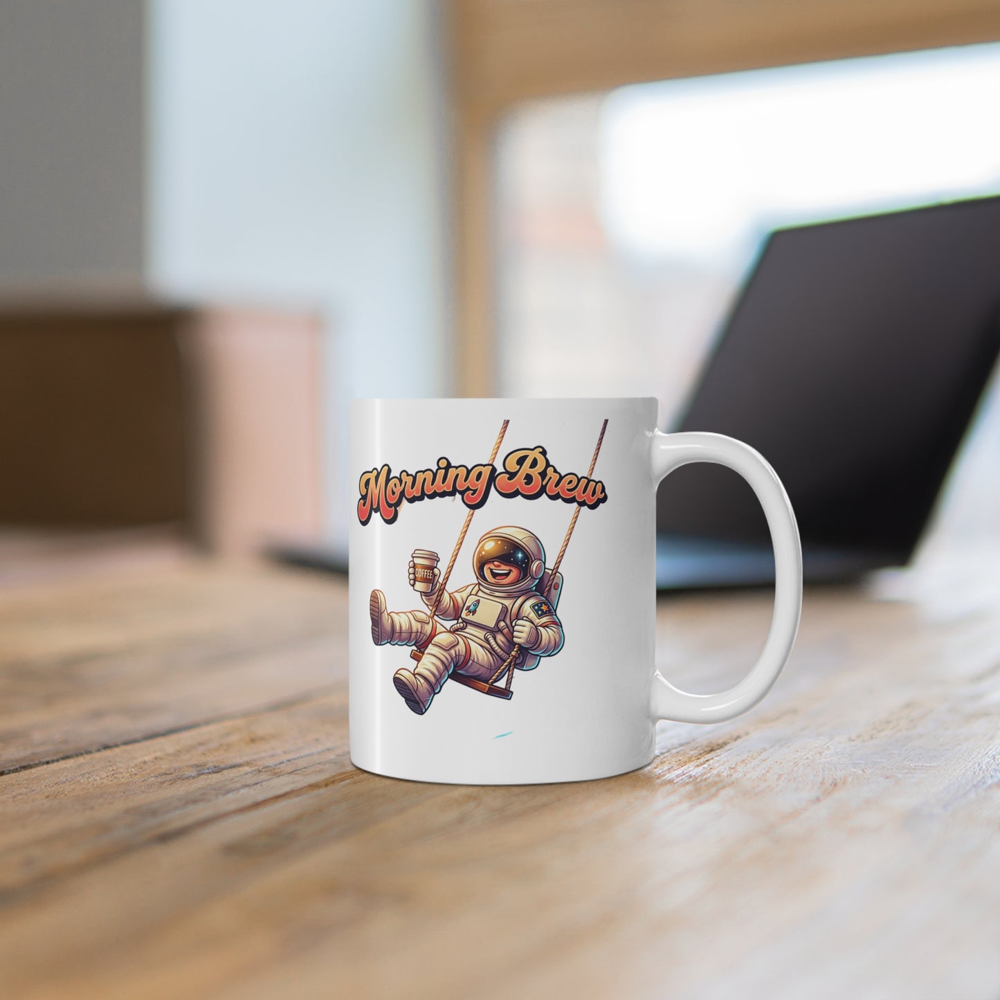 11oz Coffee Mug — Cute Pouring Cup Character in Purple (Whimsical Kawaii Drink Design)