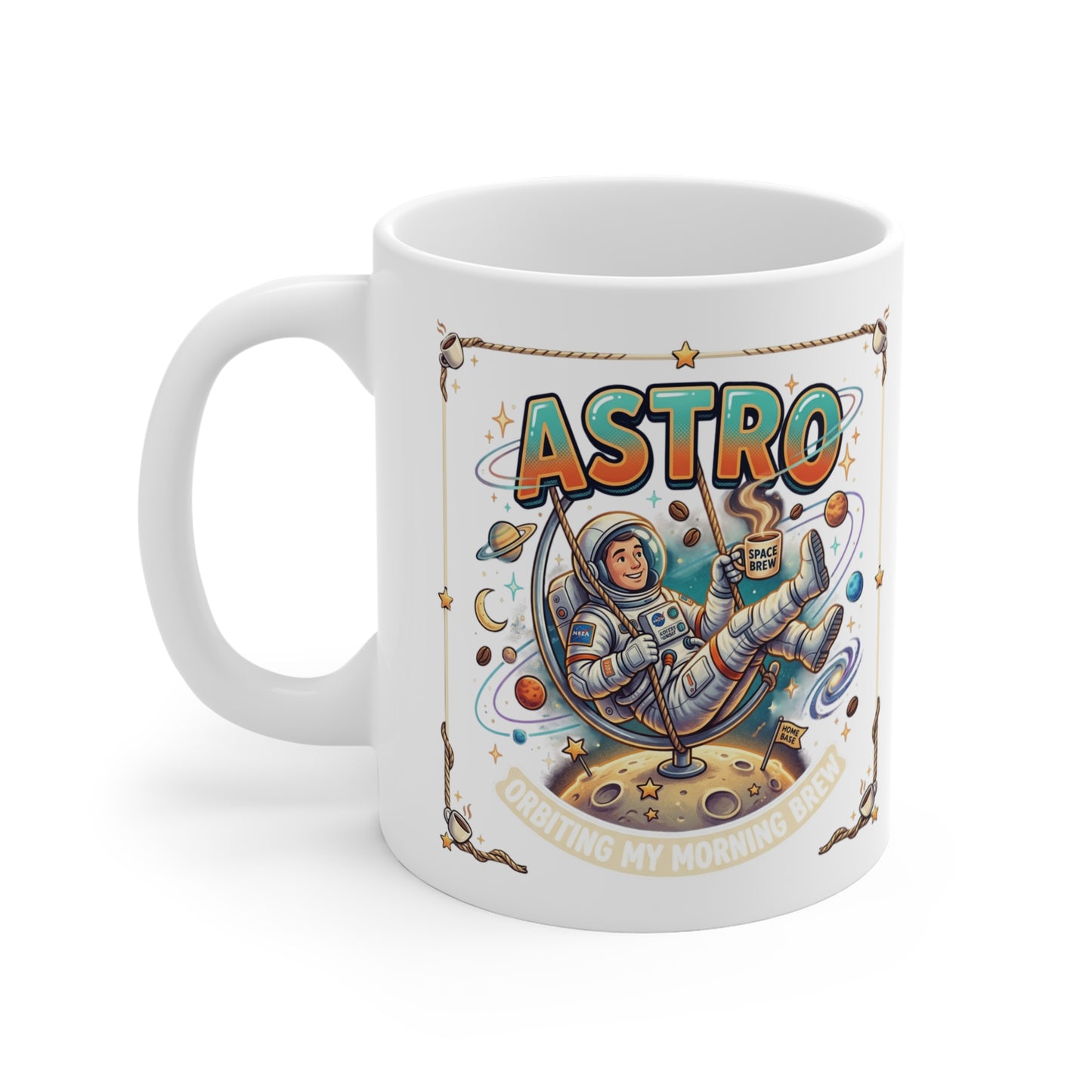 11oz Coffee Mug — Cute Pouring Cup Character in Purple (Whimsical Kawaii Drink Design)